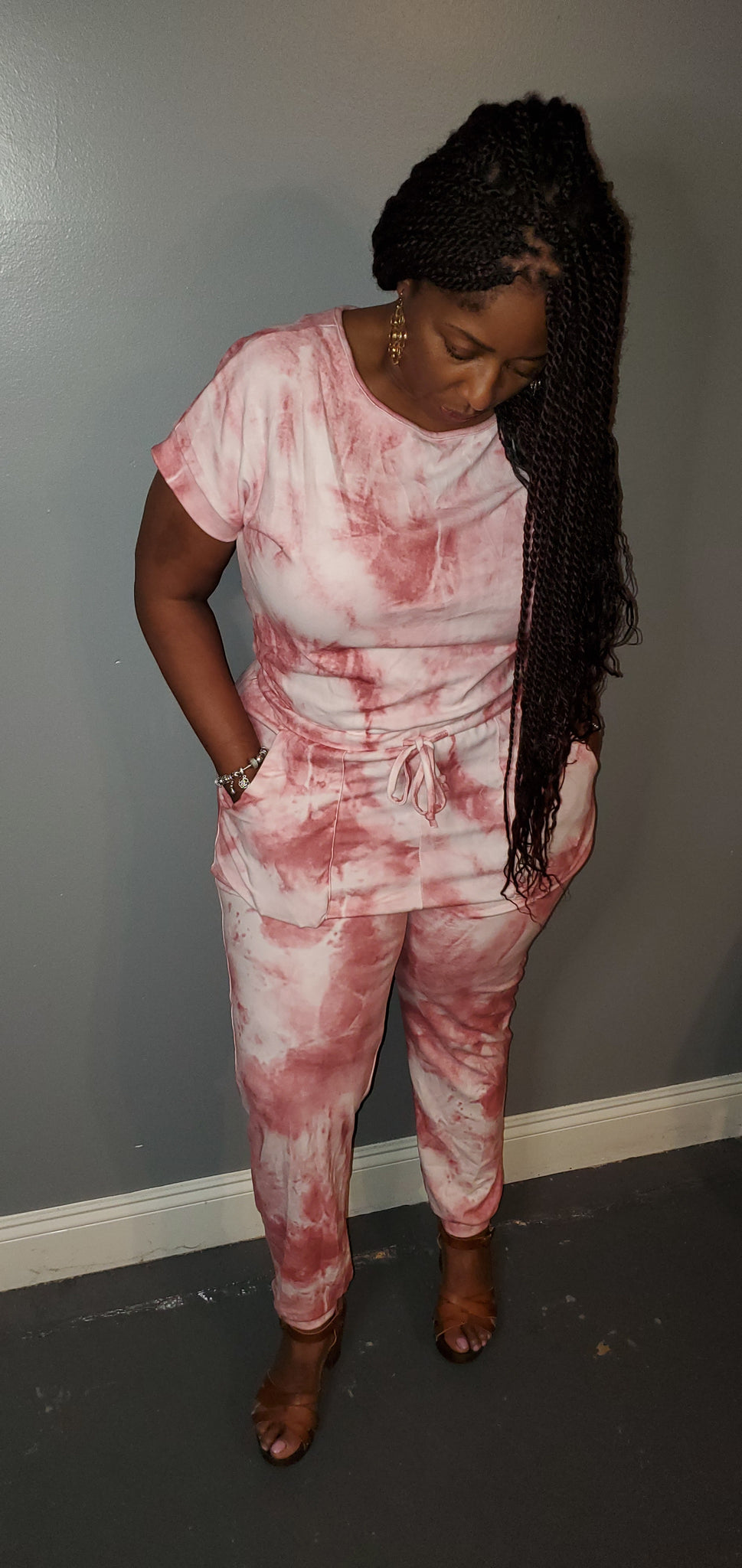 Quarantine Bae Red Pocketed Tie-dye Knit Jumpsuit