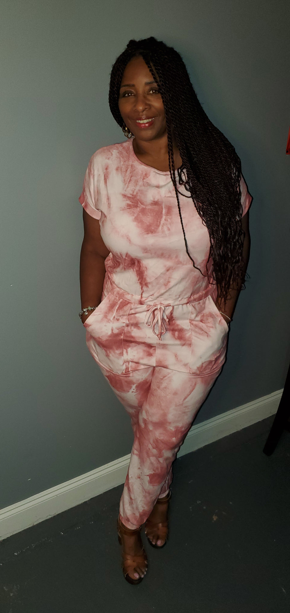 Quarantine Bae Red Pocketed Tie-dye Knit Jumpsuit