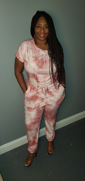 Quarantine Bae Red Pocketed Tie-dye Knit Jumpsuit