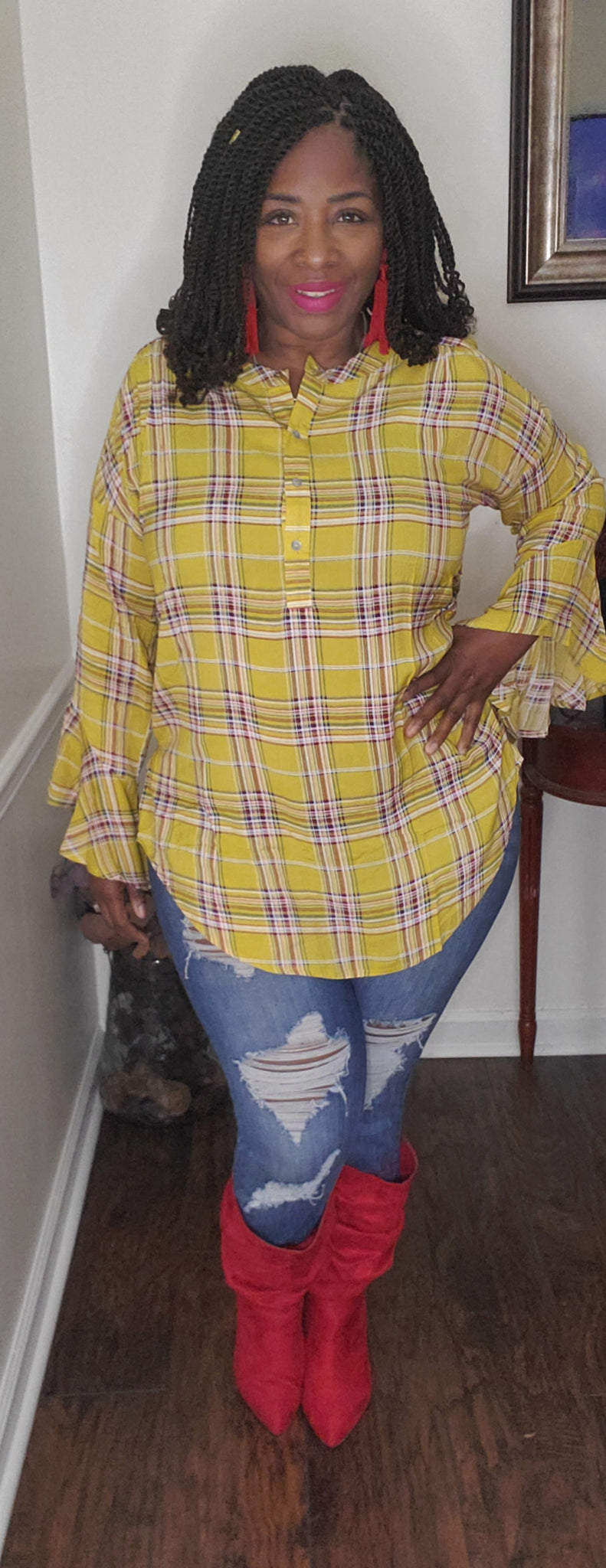 Country Girl Mustard Plaid Top