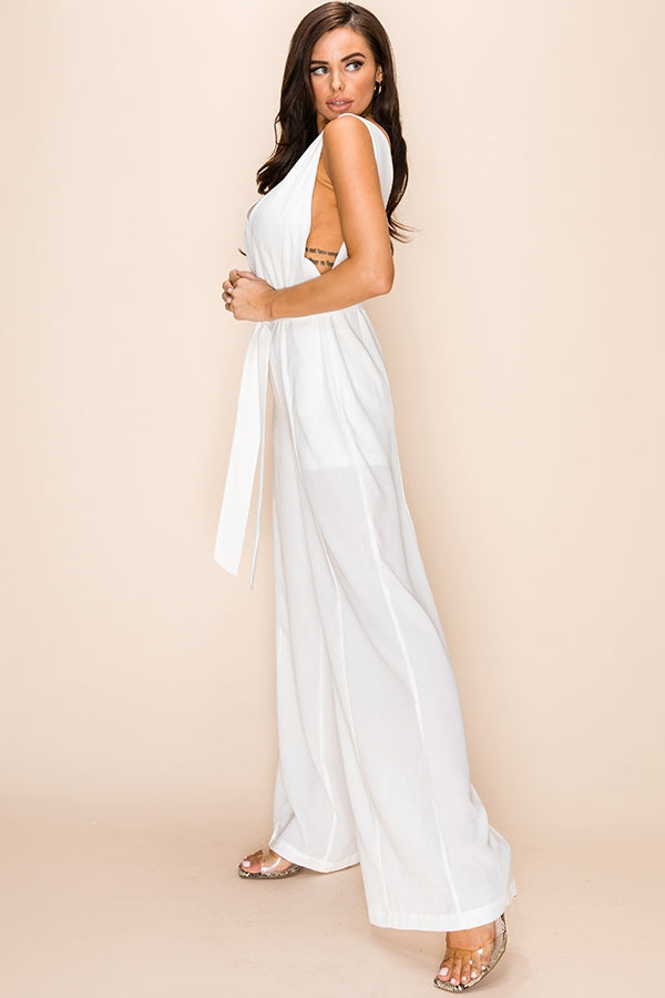 Plunging Palazzo Jumpsuit with waist tie